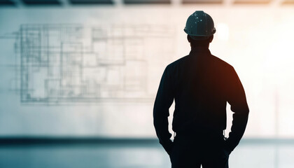 A silhouette of a construction worker in a hard hat, standing in front of a blueprint, symbolizes planning and development in the construction industry.