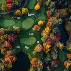 A stunning aerial perspective of a golf course surrounded by fall colors.