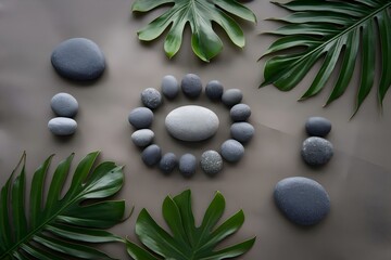 Zen Stone Spiral with Tropical Monstera Leaves - Mindfulness Meditation Concept - Spa Wellness Composition on Gray Background