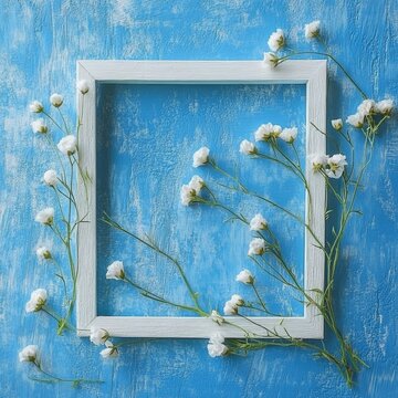 White flowers in an empty frame.A decorative frame with flowers set against a blue backdrop.
