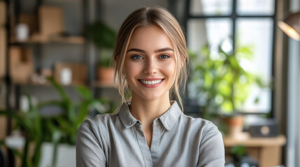 Fototapeta premium young woman smiling confidently in modern office environment, surrounded by greenery and natural light, exuding positive and professional vibe