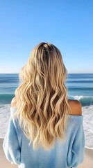 Woman enjoys ocean view with wavy hair