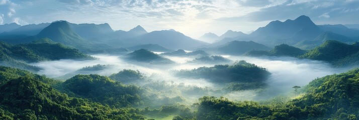 Serene Mountain Landscape with Morning Mist