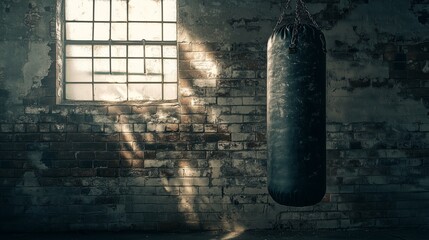 A solitary punching bag hangs in an abandoned warehouse, illuminated by soft sunlight filtering through a dusty window