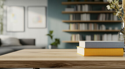 modern home office interior featuring wooden table with stacked books, creating cozy and inviting atmosphere. blurred background showcases stylish bookshelf and comfortable seating