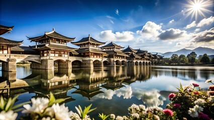 Obraz premium A traditional Chinese bridge with multiple arches spans a calm river, reflecting the clear blue sky and fluffy clouds. Flowers bloom in the foreground, adding a vibrant touch.