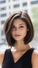 Fototapeta premium Young woman showcases modern bob hairstyle