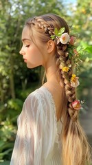 Naklejka premium Young woman showcases elegant floral braid
