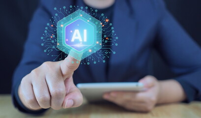 Businessman touching the brain working of Artificial Intelligence (AI) Automation, Predictive analytics, Customer service Data science.