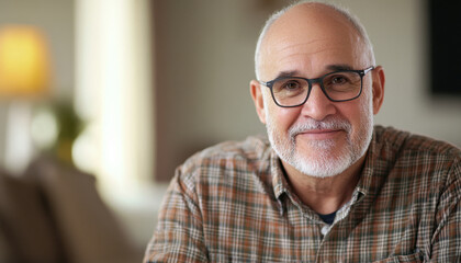 Fototapeta premium friendly, close up portrait of happy older man with glasses, showcasing warmth and approachability in cozy indoor setting