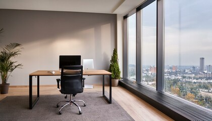 Modern office interior with workplace near panoramic window. Mock up wall