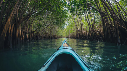 Fototapeta premium Kayaking Through a Mangrove Forest Tunnel with Lush Greenery and Calm Waters.