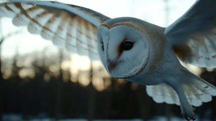 A close-up of a barn owl in flight, showcasing its distinctive features against a blurred natural background.