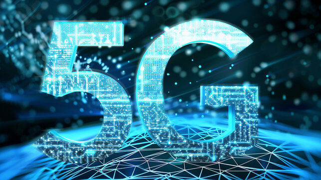 A futuristic, digital rendering of the number 5G in blue and white, set against a dark background with a glowing, abstract, geometric design.