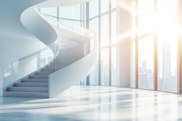 Obraz premium A modern, spacious interior featuring a sleek spiral staircase and large windows with sunlight streaming in, showcasing an urban skyline.