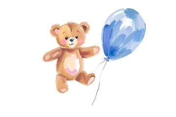 Watercolor illustration of a cute teddy bear holding a blue balloon floating in the air. white background