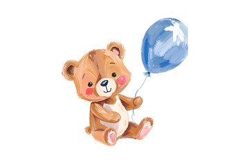 Watercolor illustration of a cute teddy bear holding a blue balloon floating in the air. white background