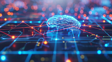 A glowing blue brain hovers over a circuit board with red and blue lines, representing the concept of artificial intelligence or neural networks.