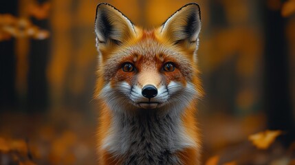 Obraz premium A red fox with piercing eyes stares intently at the camera, its fur blending seamlessly with the warm autumn foliage.
