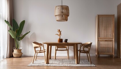 Stylish living room interior with drawer and dining table. Mockup empty wall