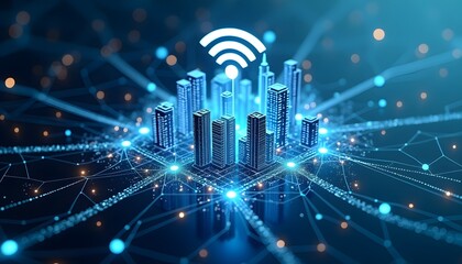 City skyline with network lines and wi-fi symbol, symbolizing digital infrastructure.