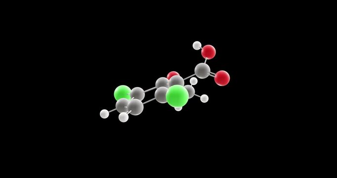 Dicamba molecule, rotating 3D model of herbicide, looped video on a black background