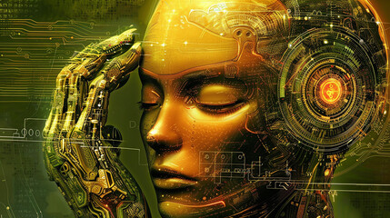 A golden robot with closed eyes and a mechanical hand on its forehead, surrounded by circuit boards, suggesting a future technology and the human mind.