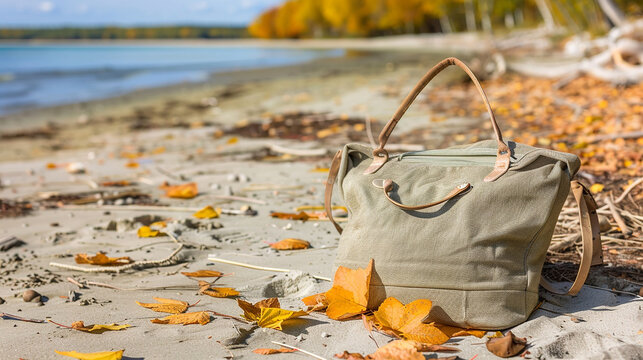 A green canvas tote bag rests on a sandy beach with fallen autumn leaves and a calm lake in the background.