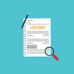 User guide with magnifying glass and pen. User manual. Illustration of instruction manual in flat style.	