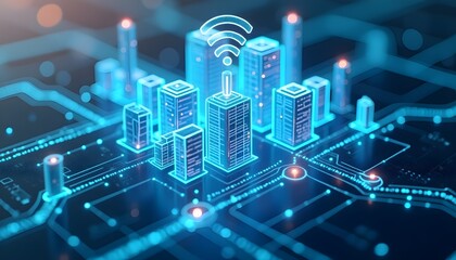 Fototapeta premium Futuristic cityscape with digital connectivity, highlighting smart city infrastructure.