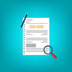 User guide with magnifying glass and pen. User manual. Illustration of instruction manual in flat style.	