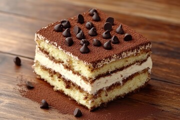 A delicious slice of tiramisu cake topped with chocolate chips and cocoa powder, showcasing layers of cream and sponge.