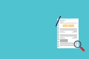 User guide with magnifying glass and pen. User manual. Illustration of instruction manual in flat style.	