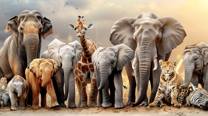 Fototapeta premium A group of diverse African animals, including elephants, a giraffe, a zebra, a leopard, and a monkey, stand together in a field.