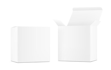 Realistic white open and closed paperboard box mockup. Vector illustration isolated on white background. Taking your 2D designs into 3D. Can be use for medicine, food, cosmetic and other. EPS10.