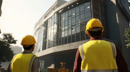 In wide shot, two construction workers in yellow vests and hard hats observe modern building under construction, showcasing teamwork and focus on their task