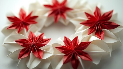 Close-up of an intricately folded origami wreath with alternating red and white accents, displayed on a smooth, simple background,