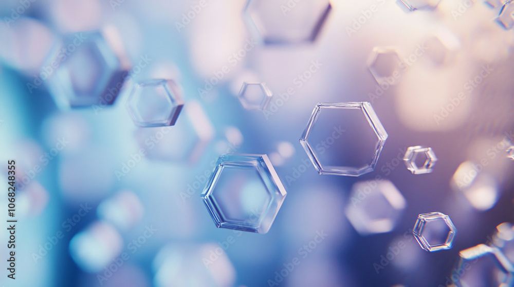 Poster close-up of transparent hexagonal shapes floating in a gradient blue and purple background, creating