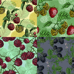 Seamless Pattern with strawberries and raspberries. Color sketch style hand drawn background. Detailed illustration, hand drawn. Great for fabric and textile, prints, invitation, packaging