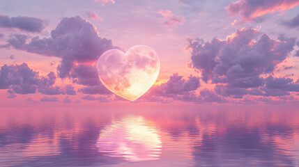 Illustration of a large heart reflected on a serene water surface surrounded by soft clouds in a pastel sky during sunset for love.