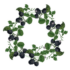 Circle frame with strawberries and raspberries. Hand drawn round line border, leaves and flowers, wedding invitation and cards, logo design and posters template. Elegant minimal style floral