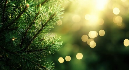 Christmas tree branches with sparkling bokeh lights in the background, creating a warm and festive atmosphere during the holiday season