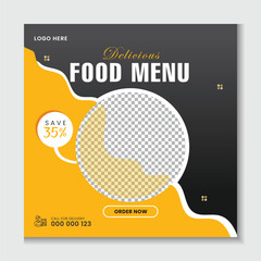 Food menu social media post template. Pizza, burger, pasta restaurant business marketing promotion banner design. Square size. 
