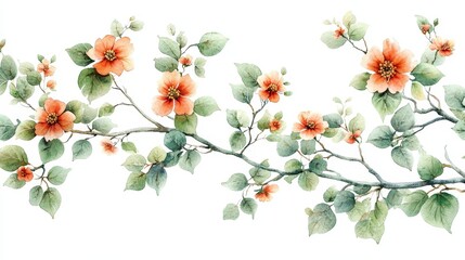 The folk art style flat watercolor painting depicts beautiful wildflower branches and delicate green leaves, with a pure white background. Soft colors and meticulous details complement each other.