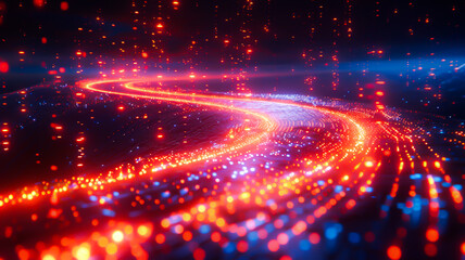 Obraz premium A photorealistic visualization of global internet connectivity with glowing data streams, network paths, fiber optics, speed metrics, and digital world map