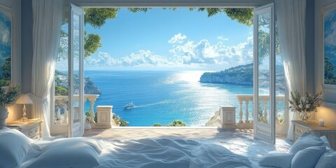 Fototapeta premium Serene Ocean View from Luxurious Bedroom Retreat
