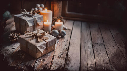 Rustic Christmas image with presents and burning candles on a wooden floor 