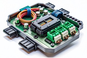Fototapeta premium Body Control Module Isolated on Clean White Background for Automotive Technology and Engineering Applications, Highlighting Electronics and Vehicle Components in Candid Photography Style