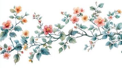 The folk art style flat watercolor painting depicts beautiful wildflower branches and delicate green leaves, with a pure white background. Soft colors and meticulous details complement each other.