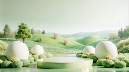 Green product display podium with a green nature background.